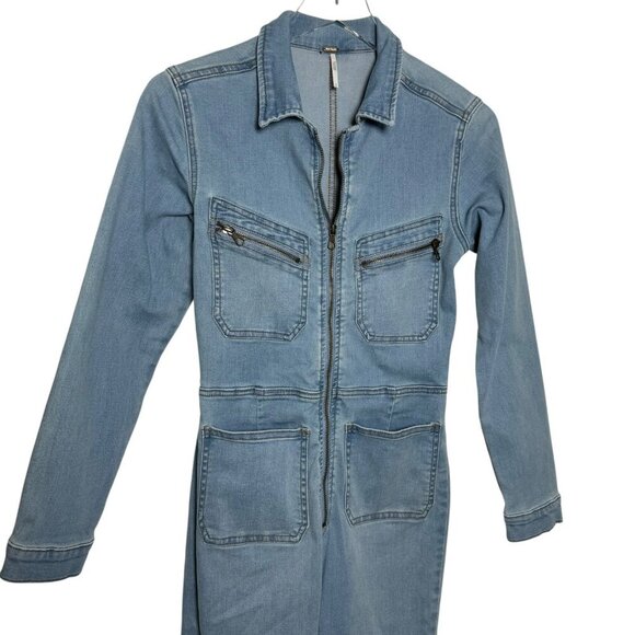 Free People Lennox Skinny Fit Denim Zip Front Jumpsuit Size Small Light Blue - Picture 4 of 12